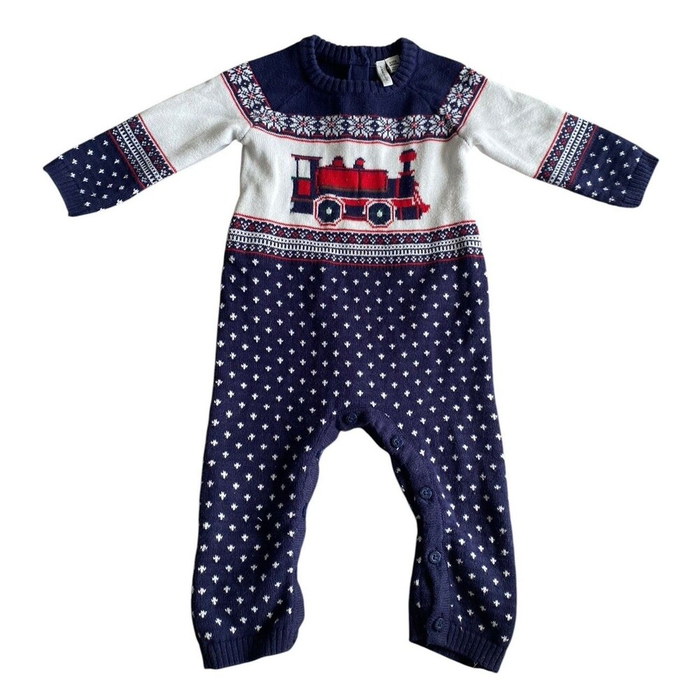 Janie and Jack Knit One Piece 6-12 Months Train Holiday Romper Baby Outfit